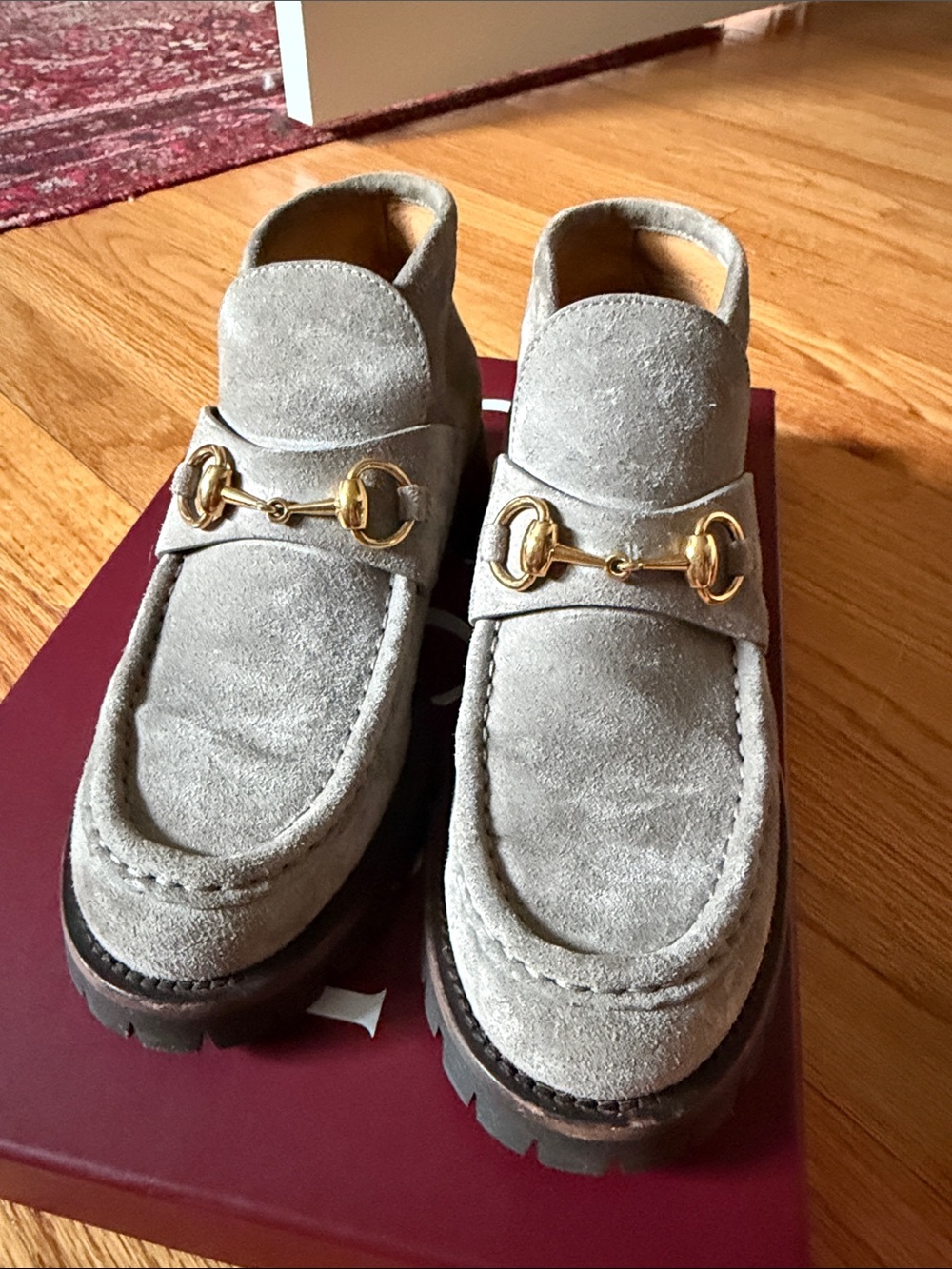 Gucci Women’s Suede Horsebit Chukka Loafer in Light Gray